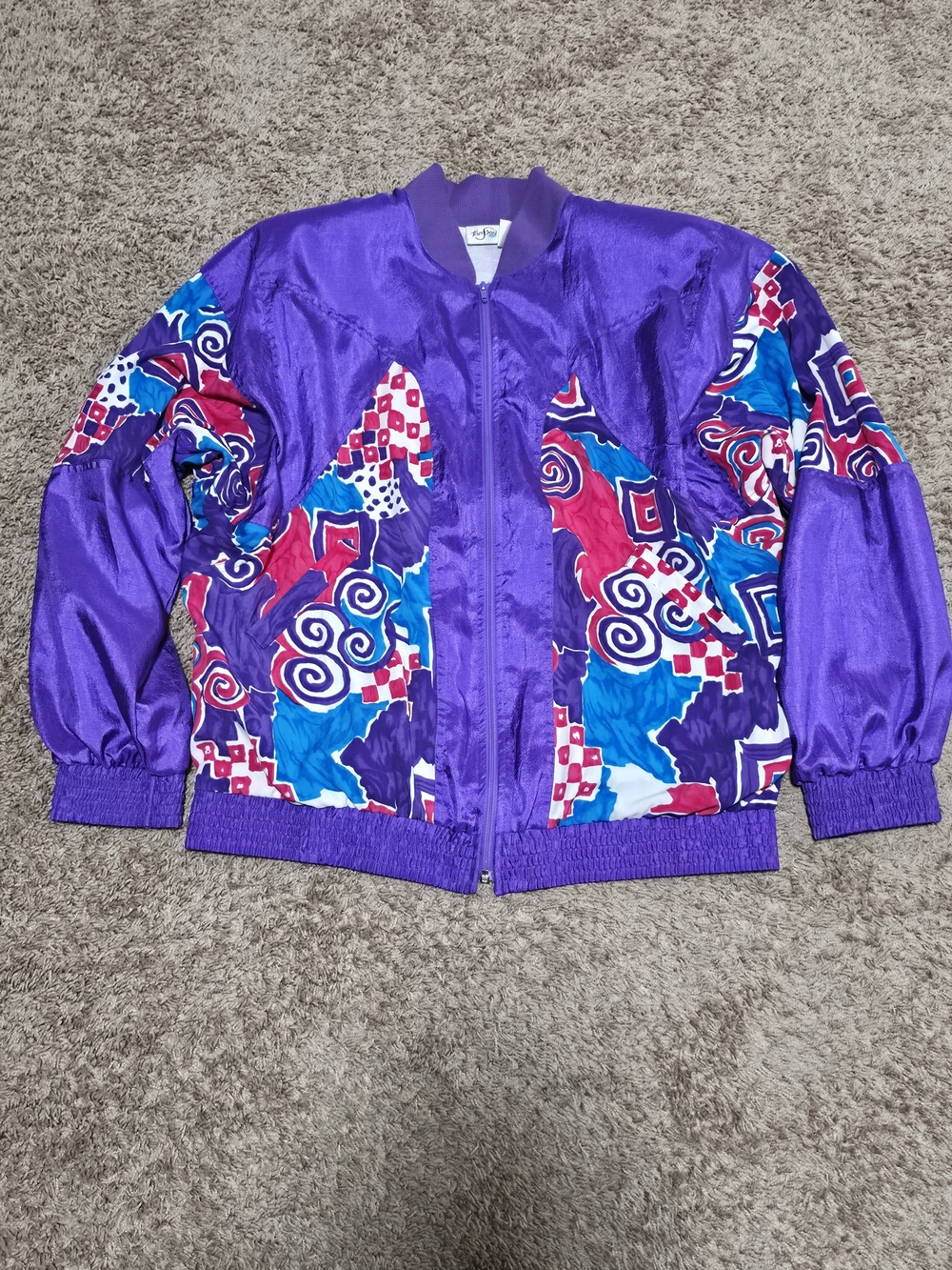Vintage-Inspired Purple Patterned Bomber Jacket 80S Sz S